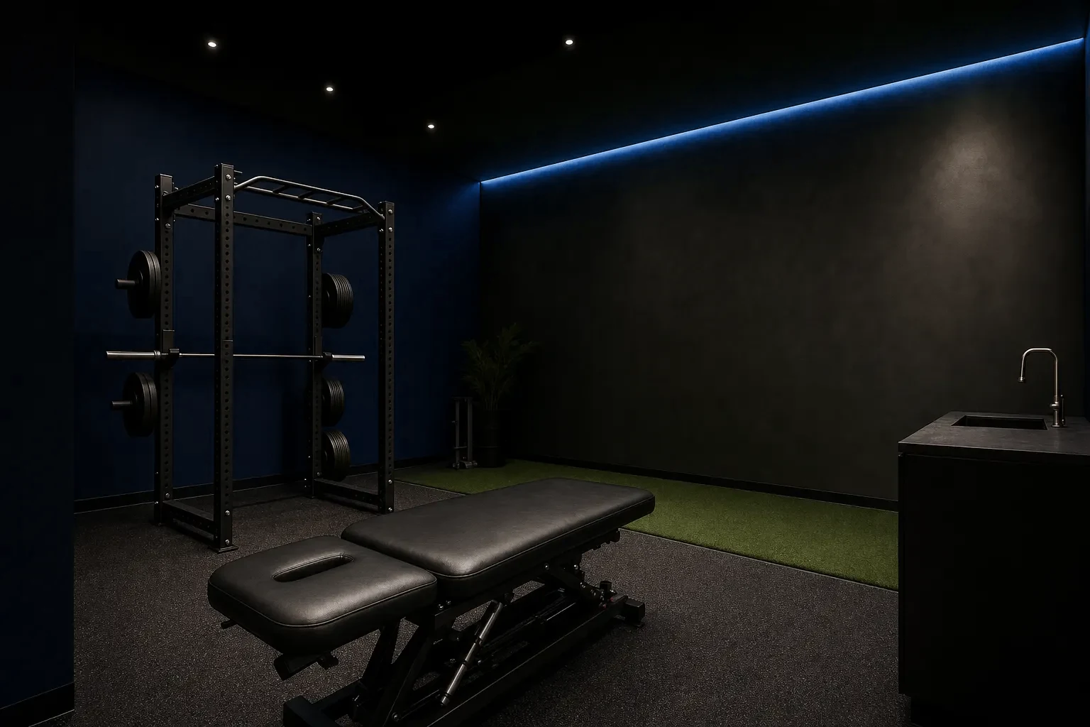Interior of the Axis Performance studio: black treatment table, power rack, turf strip and teal cove lighting