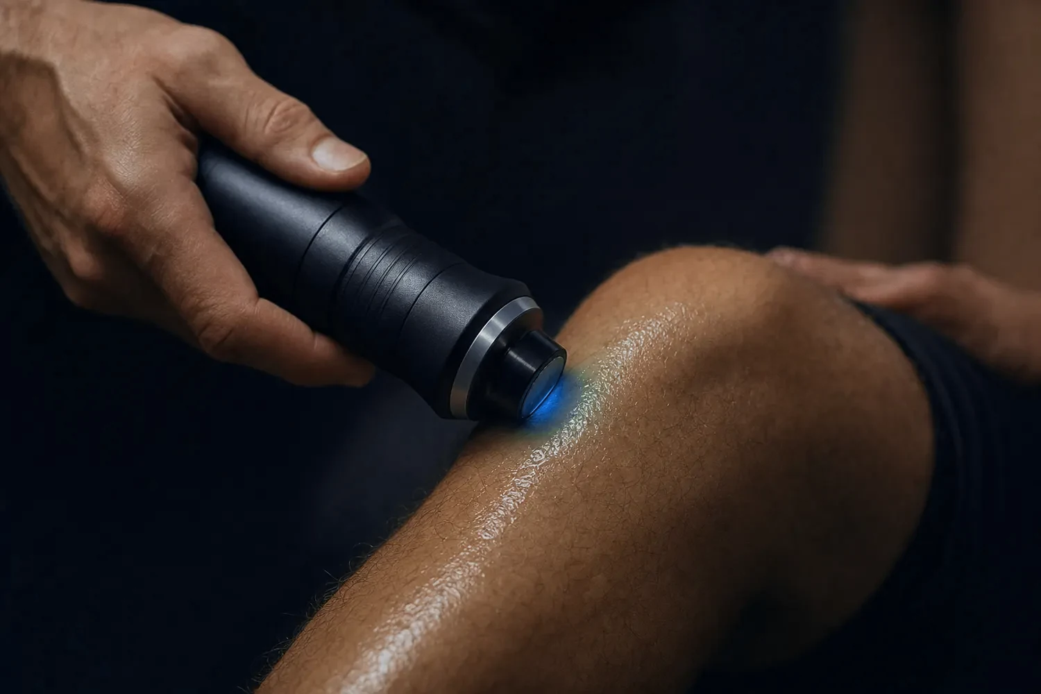 Handheld acoustic wave therapy applicator being used on a patient's knee