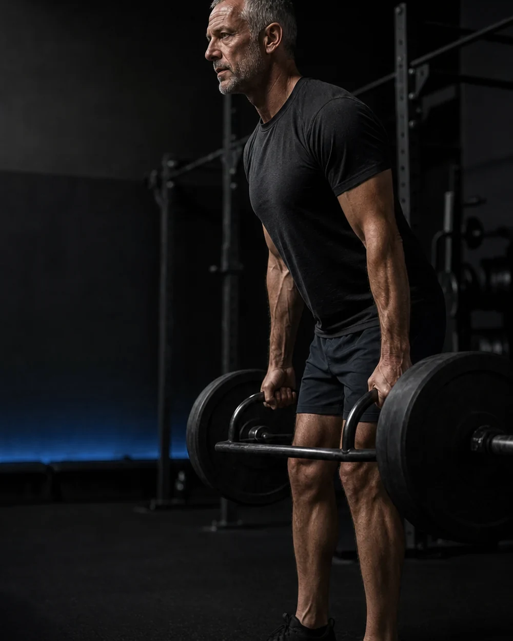 Man in his fifties performing a controlled trap-bar deadlift in a dark private training studio