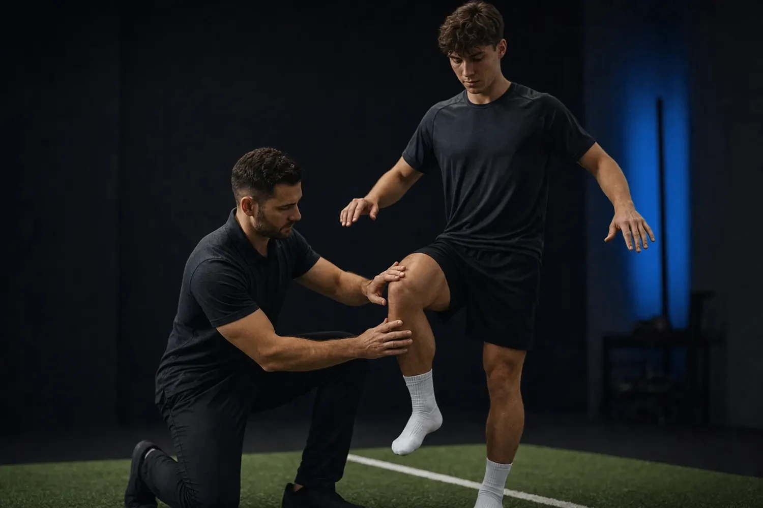 Clinician coaching an athlete through a single-leg balance drill on turf
